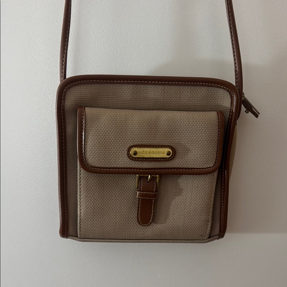 Tan and Brown Crossbody Bag with Zipper Closure